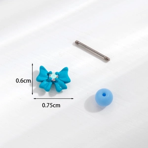 Blue bow stud earring in stainless steel with crystal detail and size dimensions