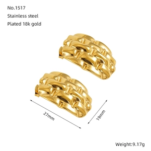 Detail view of 18k gold plated stainless steel geometric earrings with size 27x19mm