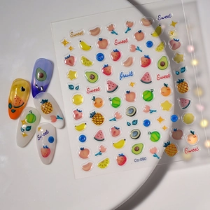 3D embossed fruit nail stickers featuring strawberries and avocados for manicure art