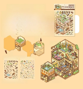 Detailed components of coffee-themed DIY 3D landscape stickers including PET sheets and card