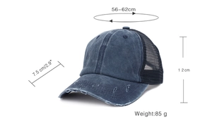Detail view of washed baseball cap with size specs 56-62cm head circumference and measurements