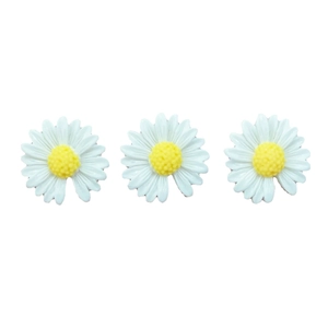 Three white resin daisy flower charms with yellow centers for DIY handmade crafts