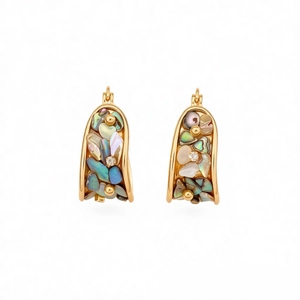 Vintage gold-plated U-shape earrings with zircon and mother of pearl inlay detail