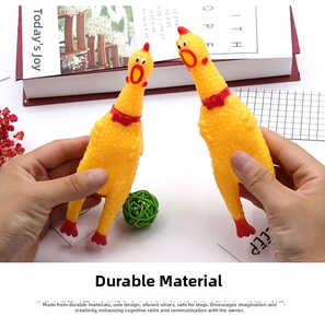 Close-up of durable rubber screaming chicken toys with detailed red neckties and feet