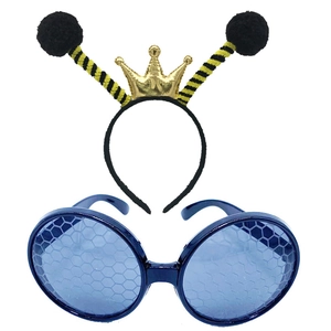 Detail of bee party set with a crown antenna headband and honeycomb lens glasses