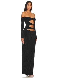 Elegant black off-shoulder rhinestone cutout maxi dress with slim-fit knit design