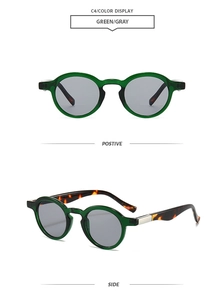 Front and side views of green vintage sunglasses with gray lenses and tortoiseshell temples