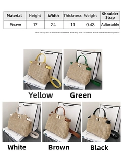 Detailed size chart and five color variants of the woven straw beach handbag with dimensions