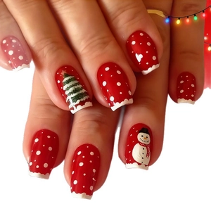 Christmas press-on nails with red base, white dots, Christmas tree and snowman designs