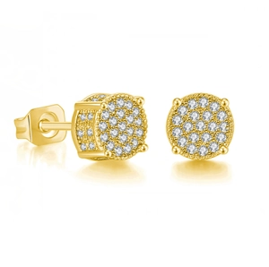 Classic gold round micro-pave zircon stud earrings with sparkling halo and butterfly backs
