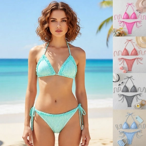 Sexy Striped Bikini Halter Ruffle Trim Tie Side Triangle Padded Swimsuit For Women Beach Vacation Swimming