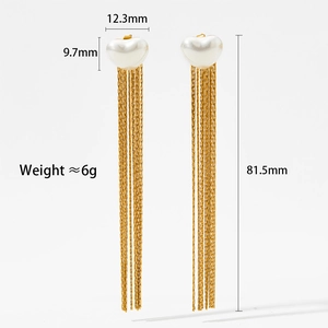 Detailed size specifications of heart pearl long tassel earrings in polished gold