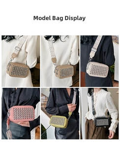 Collage of chic rhinestone camera bags in multiple colors with patterned wide straps