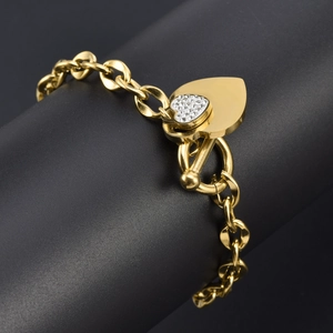 Gold stainless steel double-layer heart bracelet with sparkling crystals and OT toggle clasp