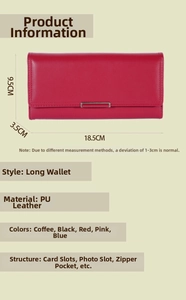 Detailed view of red PU leather long wallet with 18.5x9.5x3.5cm dimension specs