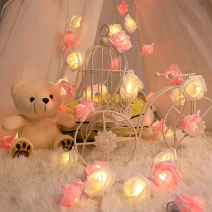 Pink and white rose LED string lights wrapped on birdcage for romantic room decor