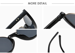 Detail view of cat eye sunglasses showing metal hinges, nose pads and gold dot accents