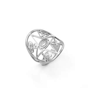 Detailed view of silver stainless steel ring with cutout star and religious symbols