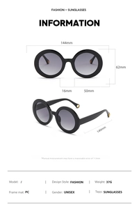 Detailed technical diagram of round frame sunglasses showing PC material and dimensions