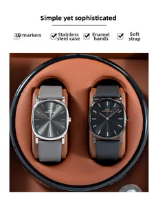 Detail of ultra-thin oval watches with stainless steel case and genuine leather strap