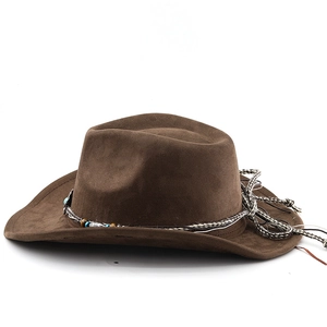 Detail of brown faux suede cowboy hat with braided rope and colorful beaded hatband