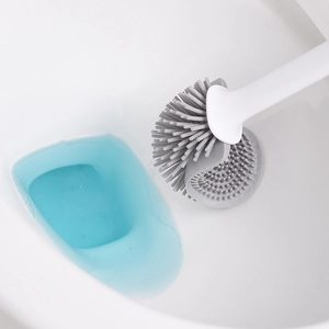 Multifunctional TPR toilet brush with gray silicone bristles and long white handle