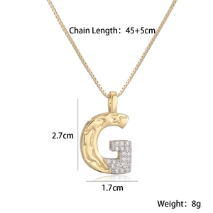 Detailed dimensions of gold letter G pendant necklace with zircon inlays and link chain