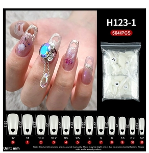 Size chart showing 12 sizes of white heart cutout coffin false nail tips in 504pcs set