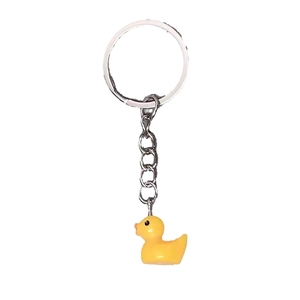 Minimalist yellow resin duck keychain with silver metal ring on a clean white background