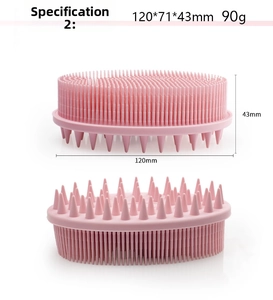 Detail view of pink silicone bath brush showing dual sides for cleaning and massage