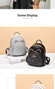 Detail of mini fashion backpacks featuring glitter pockets and rhinestone cat ears
