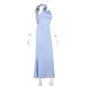 Detail of light blue satin gown showing halter neckline and smooth silky texture