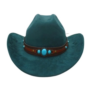 Detail of teal felt cowboy hat featuring brown leather band with turquoise stone accents