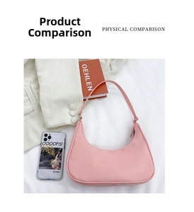 Pink nylon hobo bag size comparison with smartphone and book on a white fabric background