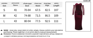 Size chart showing detailed measurements for the velvet off-shoulder ruched dress