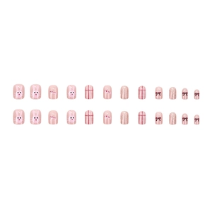 Pink cartoon press-on nails set with 24 pieces featuring cats, dogs and glitter bows
