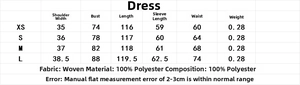 Detailed size chart for lace midi dress including bust, waist, length and sleeve measures