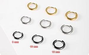 Detail view of 9-piece hoop earrings set in gold silver and black steel 8mm 10mm 12mm