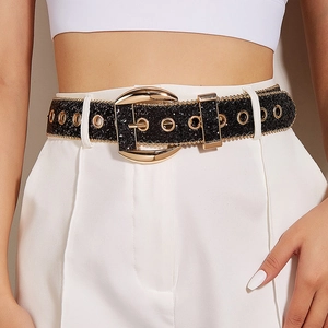 Women Glitter Rhinestone Belt PU Leather Shiny Sequin Waist Band With Alloy Pin Buckle And Metal Eyelets For Jeans