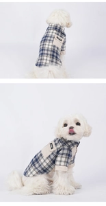 Detail view of a blue plaid dog shirt with a small pocket for small breeds like Schnauzers