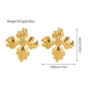 Detailed view of 4cm gold flower earrings with polished texture and size measurements