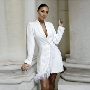 White long-sleeved blazer dress with elegant feather trim and V-neckline for women