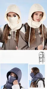 Close-up of winter fleece hood with detachable mask and windproof fabric details