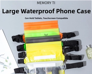 Waterproof PVC dry bag detail showing touchscreen surface and colorful storage options