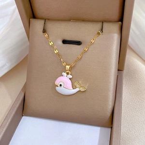 Titanium steel whale necklace with pink enamel and sparkling zircon stones on gold chain