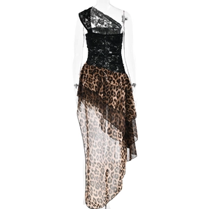 Close-up of leopard print dress featuring intricate black lace trim and ruffled asymmetrical hem