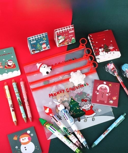 Detailed view of an 8-piece Christmas stationery set with notebooks and cartoon pens