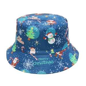 Chapeau de pêcheur de Noël bleu foncé avec motifs bonhomme de neige, Père Noël et flocons