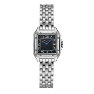 Square silver stainless steel watch with black Roman numeral dial and date window