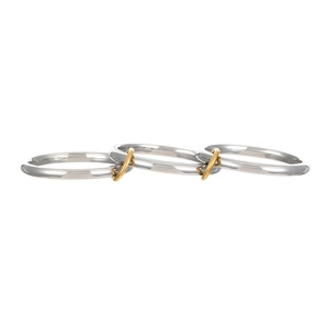 Detail of three interlinked stainless steel bands with gold rings in stacked style